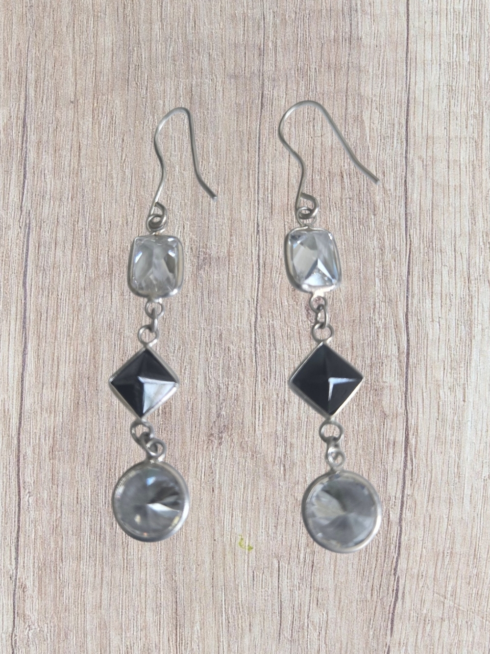 Silver-Tone Black & Clear Dangle Earrings by